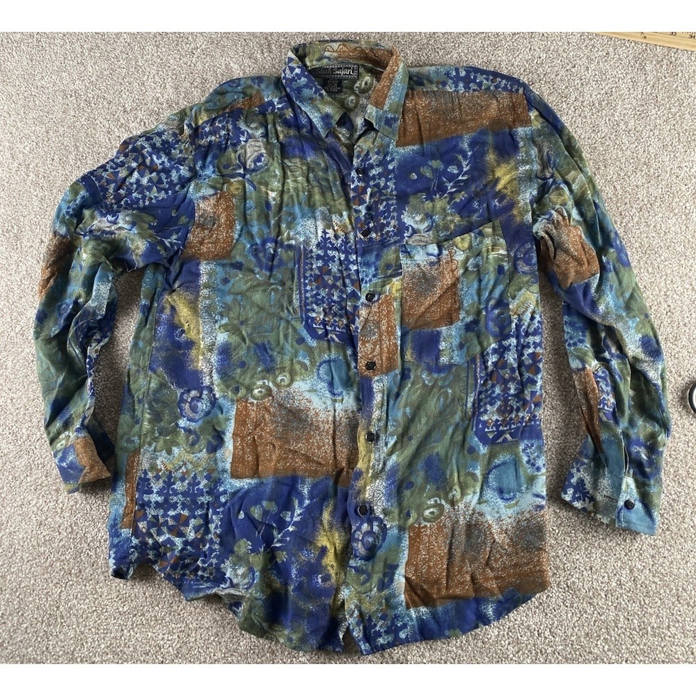 Vintage Shah Safari Shirt Men M Tribal Geometric Aztec Button Up Floral Loud Y2K - Picture 3 of 8